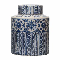 10" Round Blue and Cream Patterned Ceramic Ginger Jar With Lid