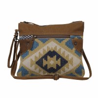 11" Blue and Khaki With Brown Canvas and Leather Tough Small & Crossbody Bag