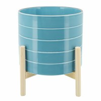 10" Round Sky Blue With White Pinstripes Ceramic Pot With Wood Stand