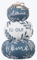 10" Blue and White "Welcome to Our Home" Pumpkin Stack Fall and Thanksgiving Decoration